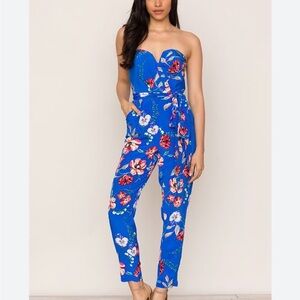 Yumi Kim Blue Floral Hot to Trot Silk Strapless Jumpsuit
